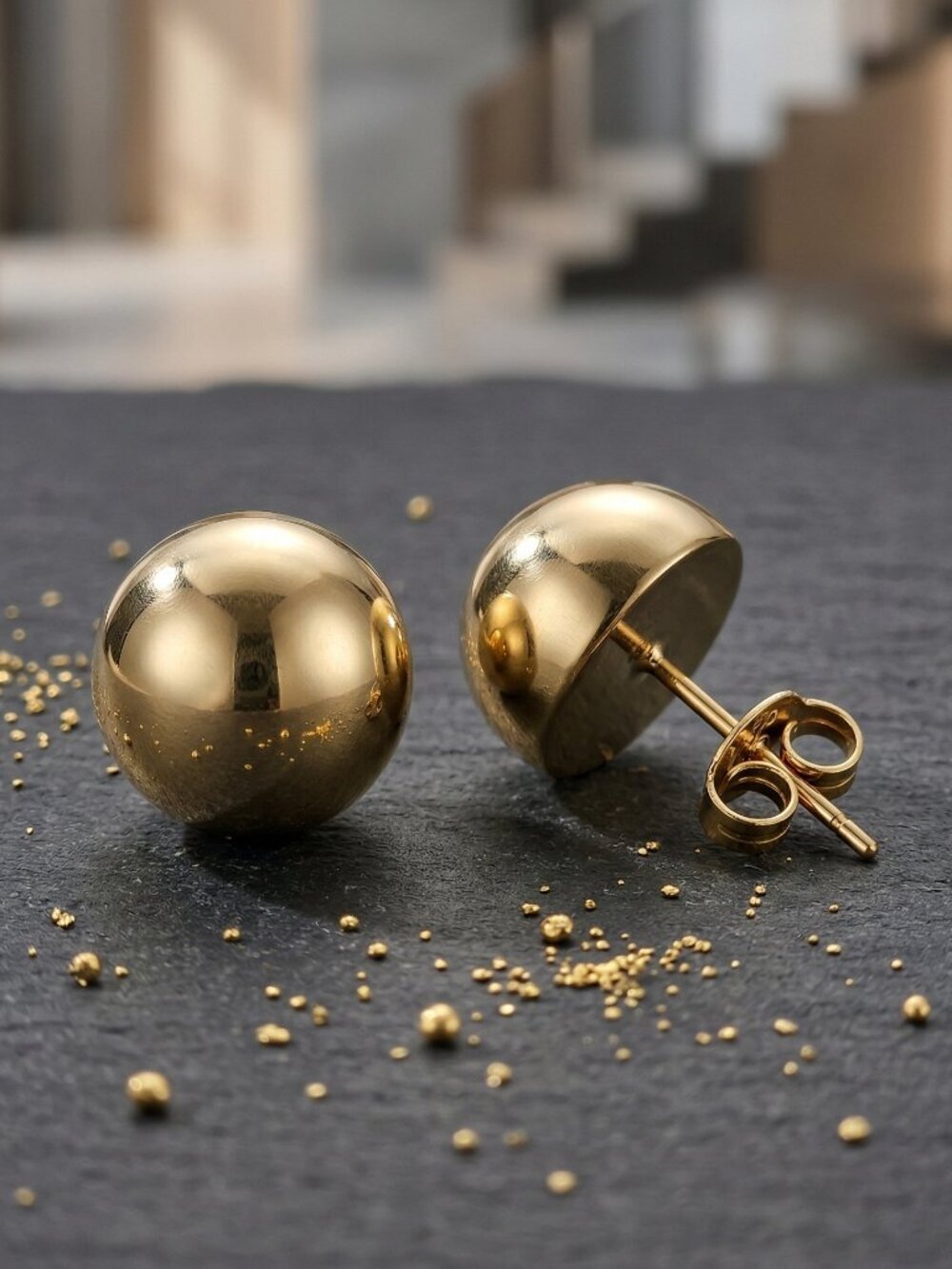 18K Gold Plated Stainless Steel Dome Stud Earrings Minimalist Half Sphere 0.5"